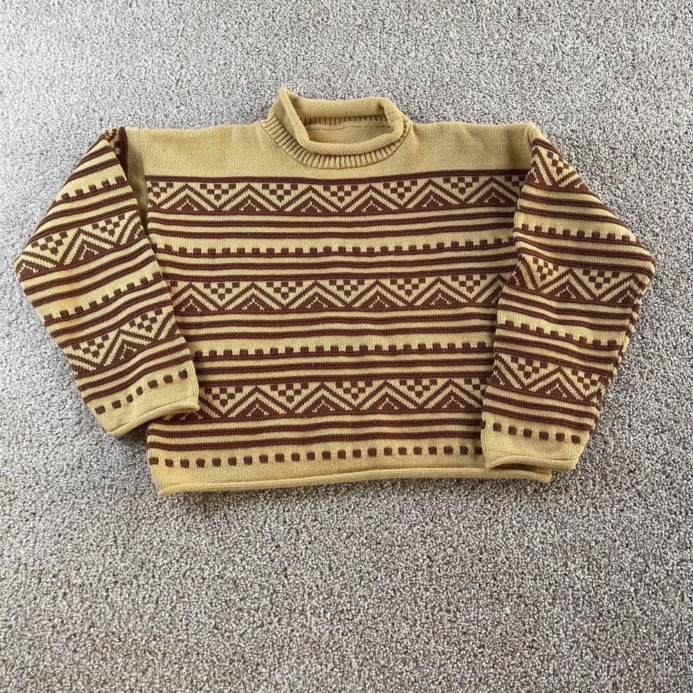 Vintage Handmade Geometric Knit Sweater Women's Small Brown Tan Pullover